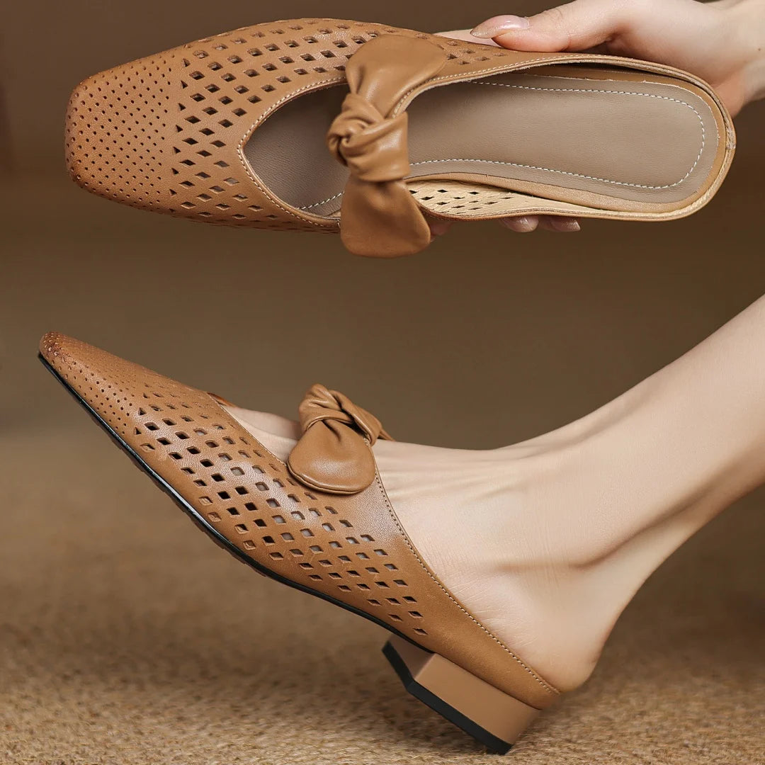 2025 Summer new plus size 34-41 women's hollow-out cow leather slip-on flats summer slides sandals sweet bowtie elegant mules