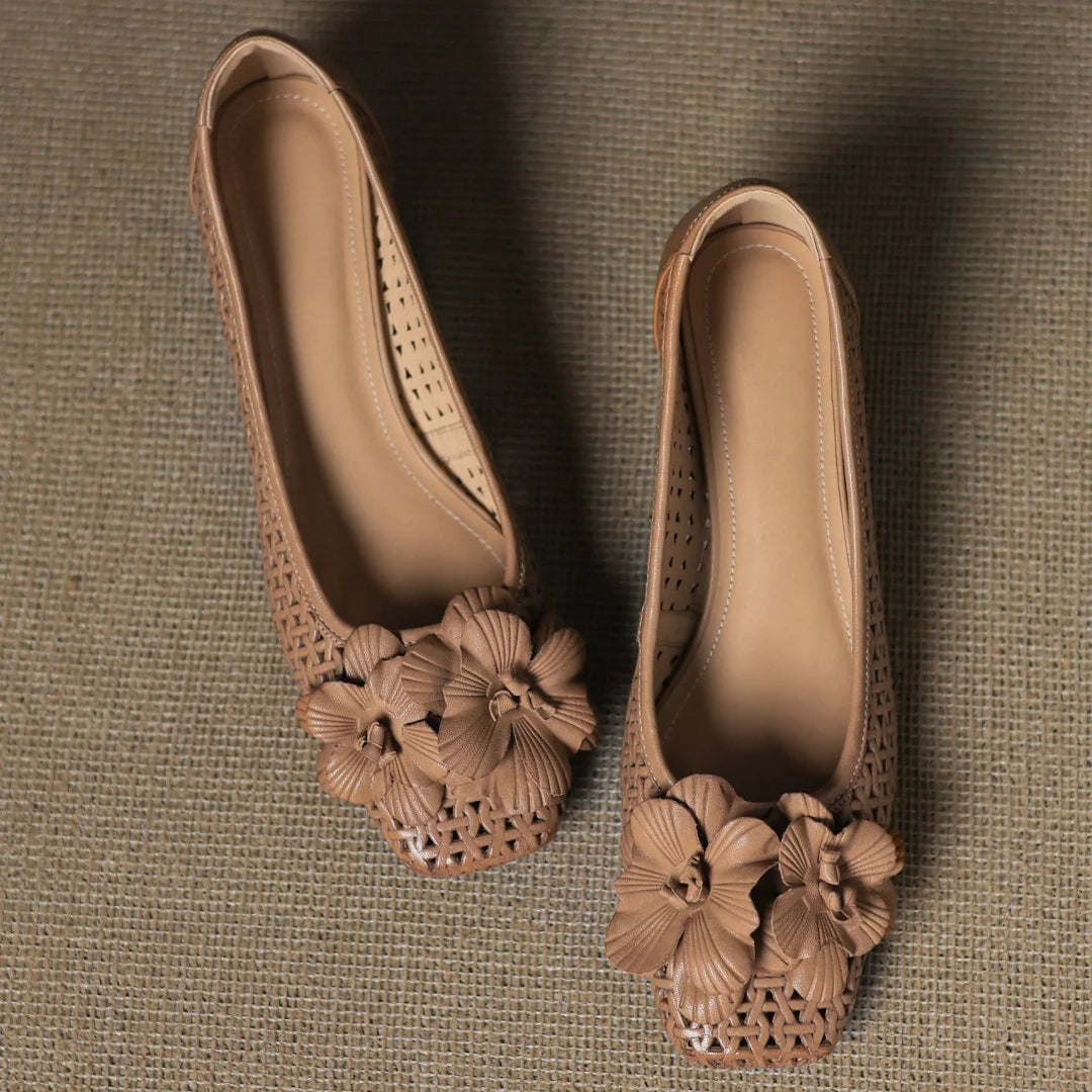 Plus size 41 women's hollow-out sheepskin square toe slip-on pumps 4cm thick med heel elegant ladies flower summer heels sandals