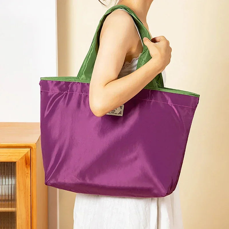 Foldable Eco-Friendly Shoulder Bags Women's Reusable Grocery Bag Large Capacity Foldable Shopping Bag with Drawstring Closure