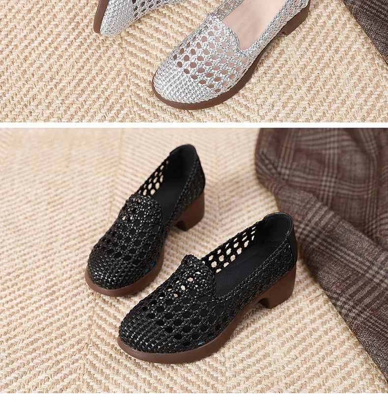 Summer Hollow Woven Breathable Shoes Women Sandals Big Size Thick Heels Genuine Leather Shoes Summer Casual Sandals