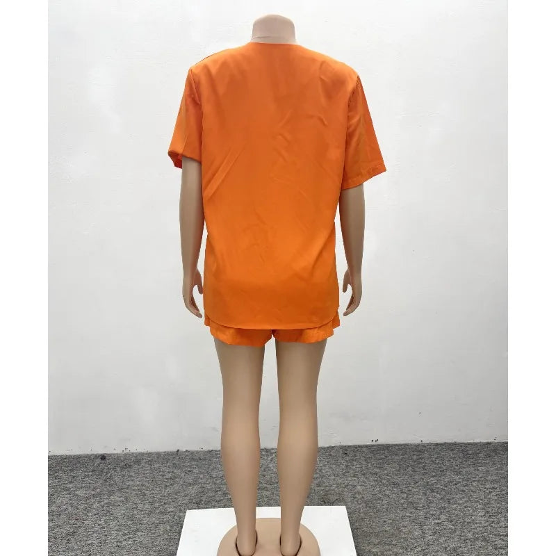 Women's African Style 2 Piece Set Sexy Summer Orange Deep V Neck Blazer & High Waist Shorts Elegant Party Club Outfits