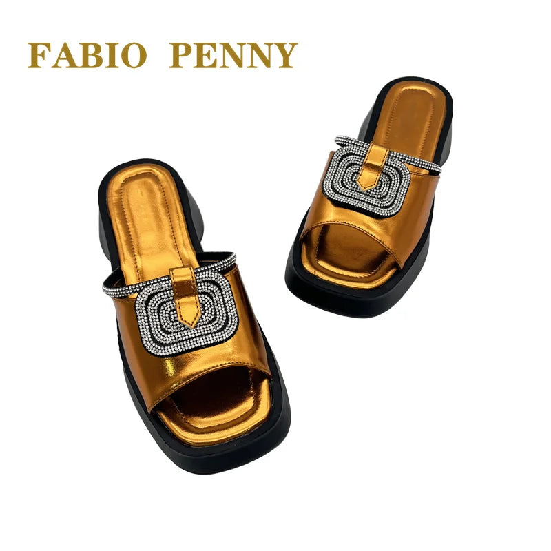 FABIO PENNY2026 new solid-color exquisite water diamond design thick-soled women's fashionable slippers and party sandals