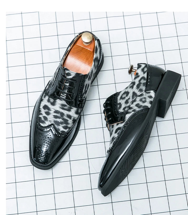 2025 Fashion Leopard Dress Shoes Man Pointed-Toe Lace-up Luxury Man Comfortable Leather Shoes For Men Plus Size 48 Oxford shoes