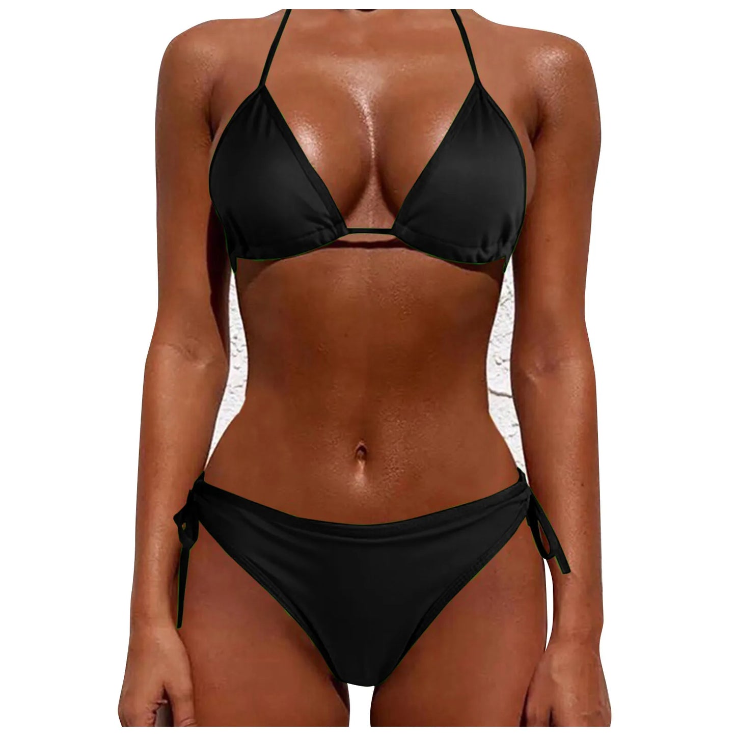 2 Pcs/Set Bikini Set Sexy Bikinis New Solid Color Halter Neck Strap Thong Swimwear Bathing Suit Women Swimsuit Set for Beach