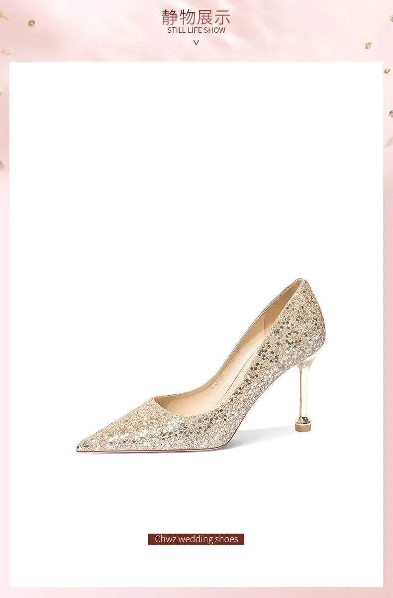 2025 New Women Pumps High Heel Metal Pointed Toe Shallow Sexy Ladies Bling Bridal Wedding Women Shoes White High Heels
