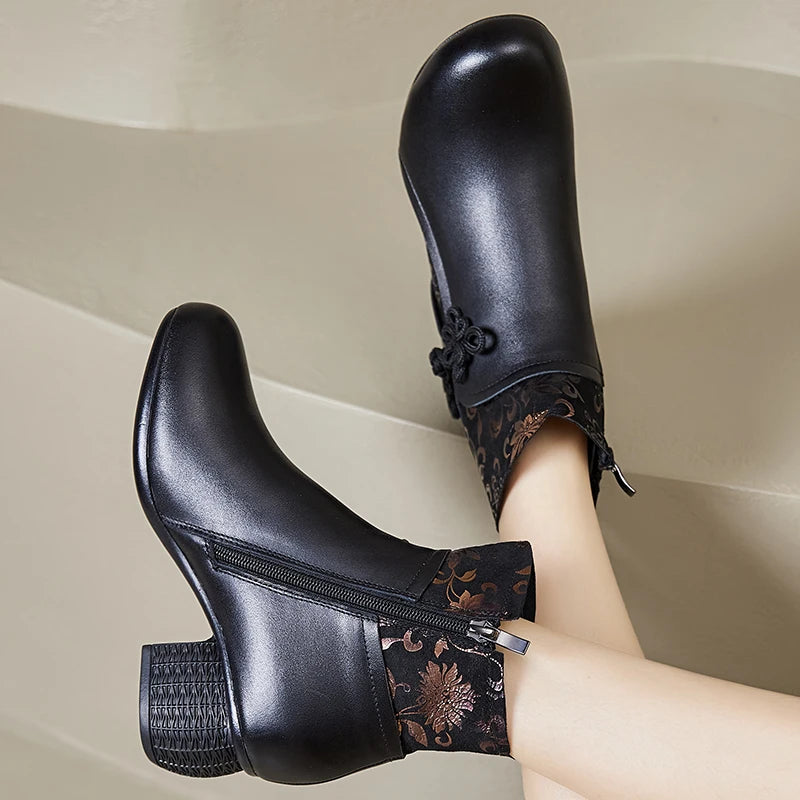 2025 Leather Ankle Boots Women High Heels Black Shoes for Women Handmade Genuine Leather Women Knight Boots Sale