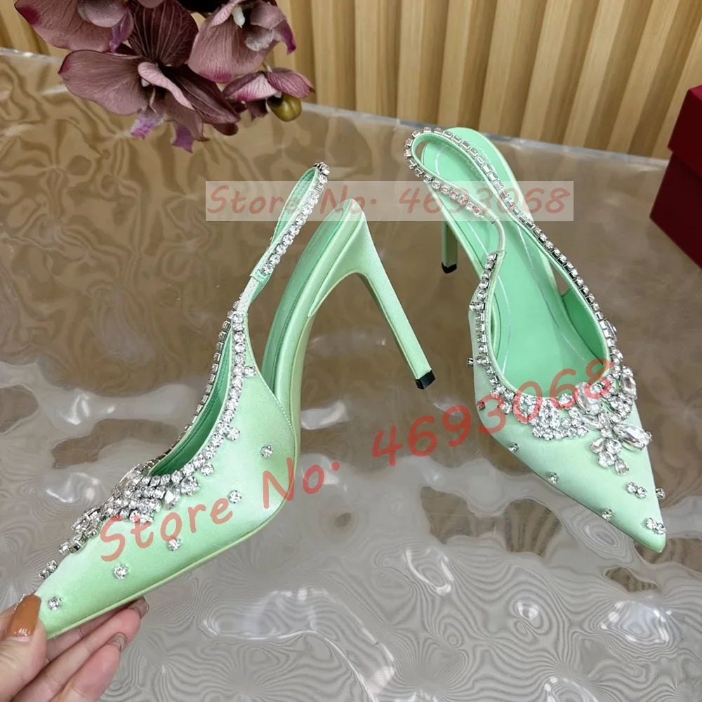 Luxury Crystal Flowers Back Strap Sandals Ladies Trendy Pointy Toe Classy Gems Satin Sandal Women Real Leather Evening Shoes