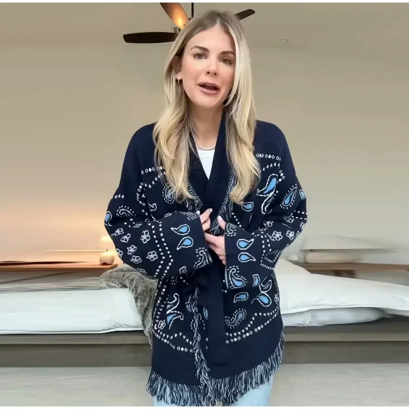 Elegant Print Tassel Cardigan Women Belt V-neck Long Sleeve Loose Knitted Sweaters Female 2025 Autumn Winter Chic Knitwears Lady