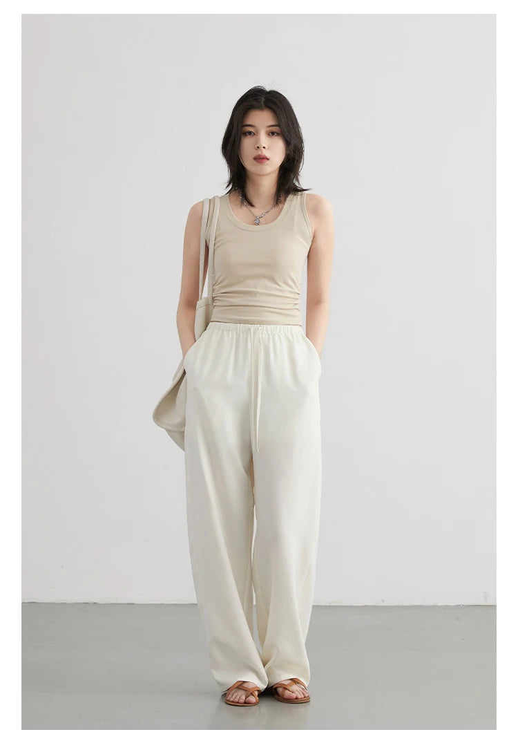 CHIC VEN Women Tanks New Solid Color Tees U-neck Pleated Vest Suspender Sleeveless Slim Female Top Spring Summer 2024