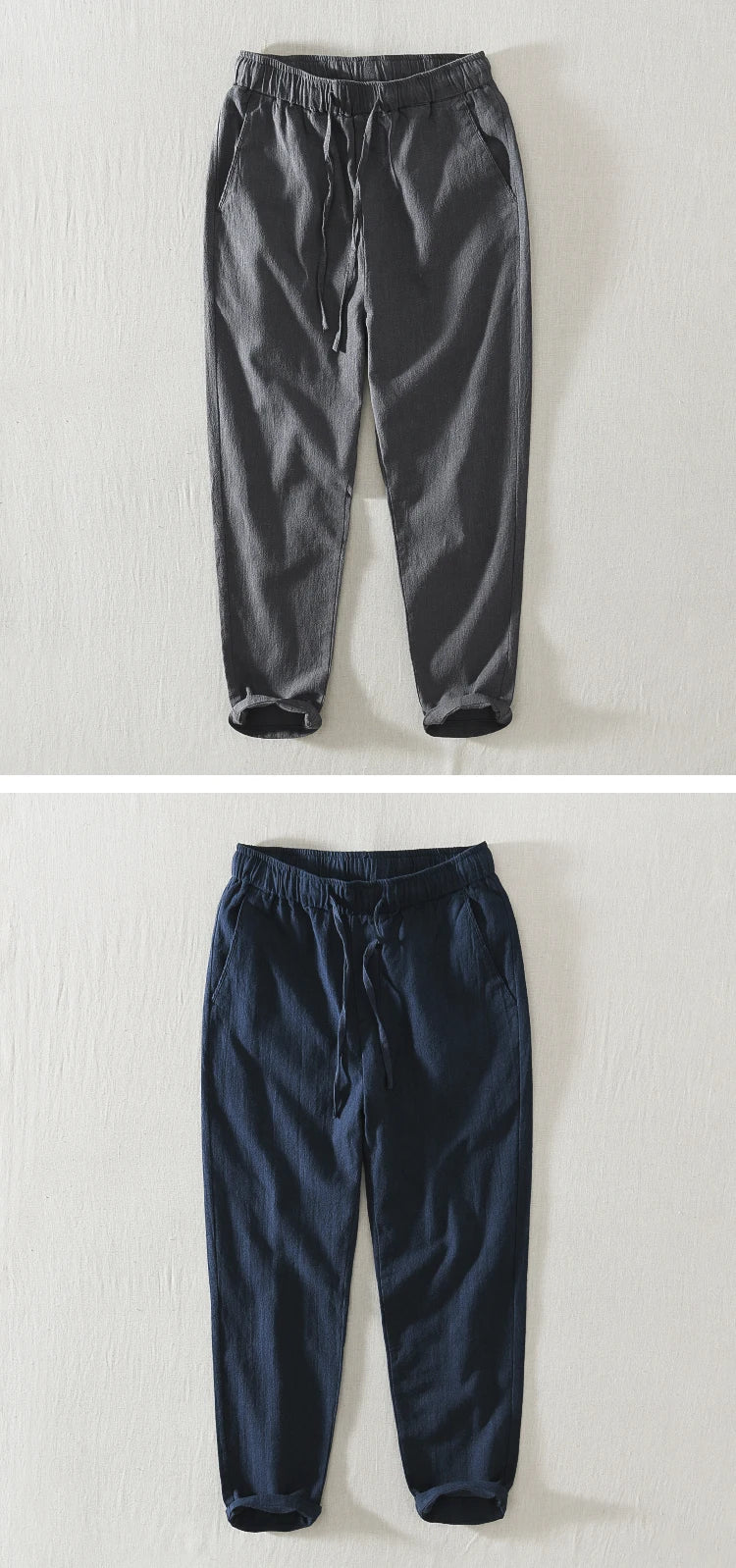 Summer Thin Cotton Linen Straight Leg Casual Pants Men's Loose Fit Drawstring Elastic Waist Nine Point Pants Breathable Youth...