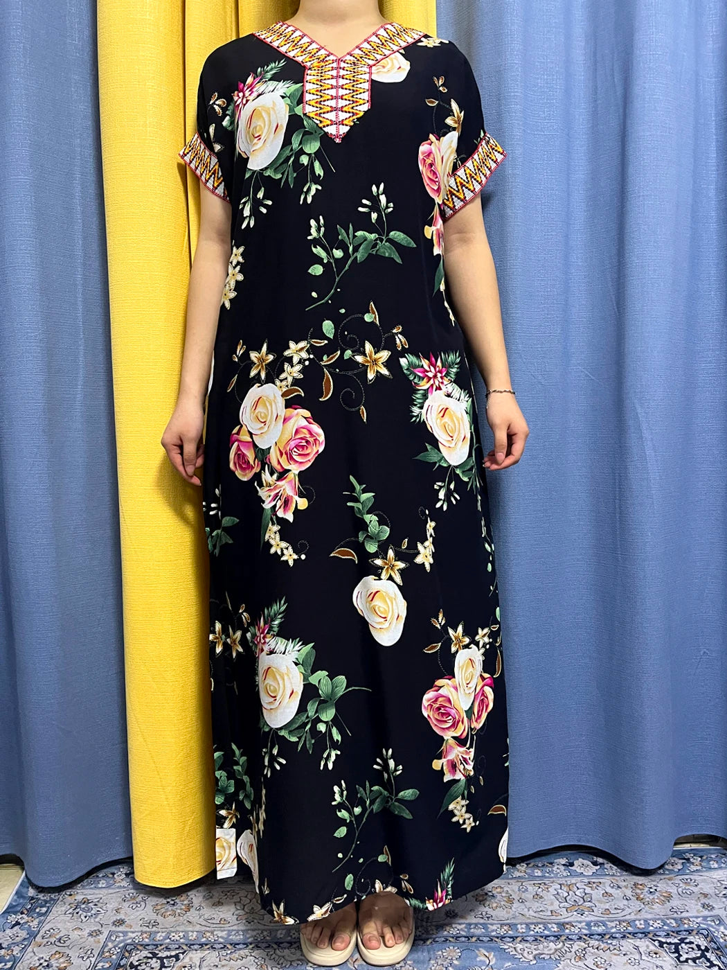 Abayas For Women 2023 Dubai  Fashion Printed Flower Cotton V-neck Slim Fit Short Femme Robe African Woman Dresses With Headscarf