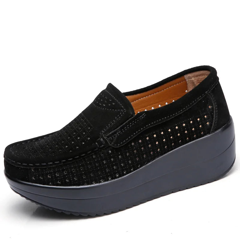 Women's Spring Autumn Genuine Leather Loafers - Fall Slip-On Round Toe Navy Platform Casual Flat Shoes