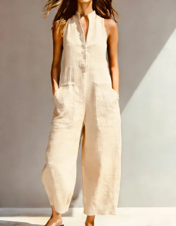 Summer Casual Sleeveless Stand Up Collar Pocket Jumpsuits Women Macacão Feminino Combinaison Femme Monos De Mujer Casuales