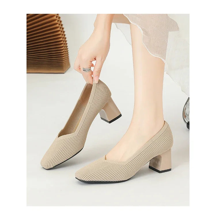 Shoes Woman High Heels Comfortable Square Knitted Breathable Comfortable Women's Flats Shoes (5cm High) 2025 New Collection