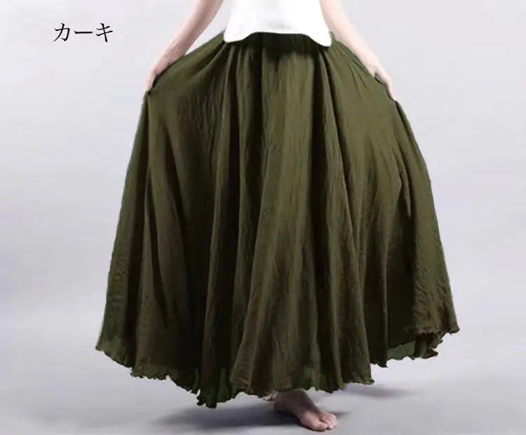 New 2020 Women Linen Cotton Long Elastic Waist Pleated Maxi Skirt Beach Vintage