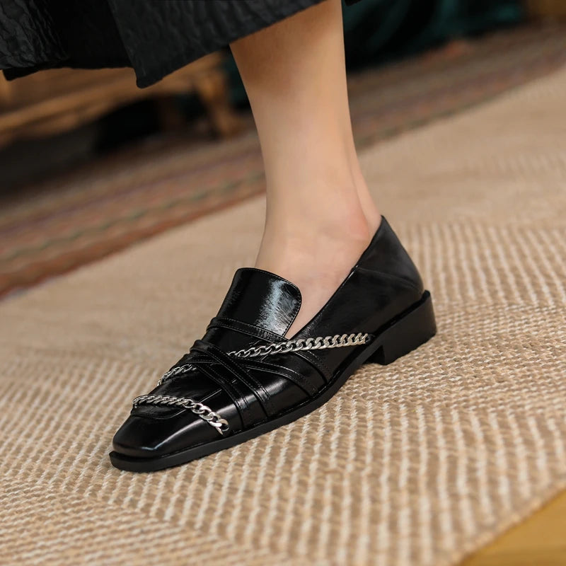 Dilalula 2025 Luxury Genuine Leather Loafers Womens Autum Spring Low Thick Heels Chain Pumps Female Leisure Natural Leather
