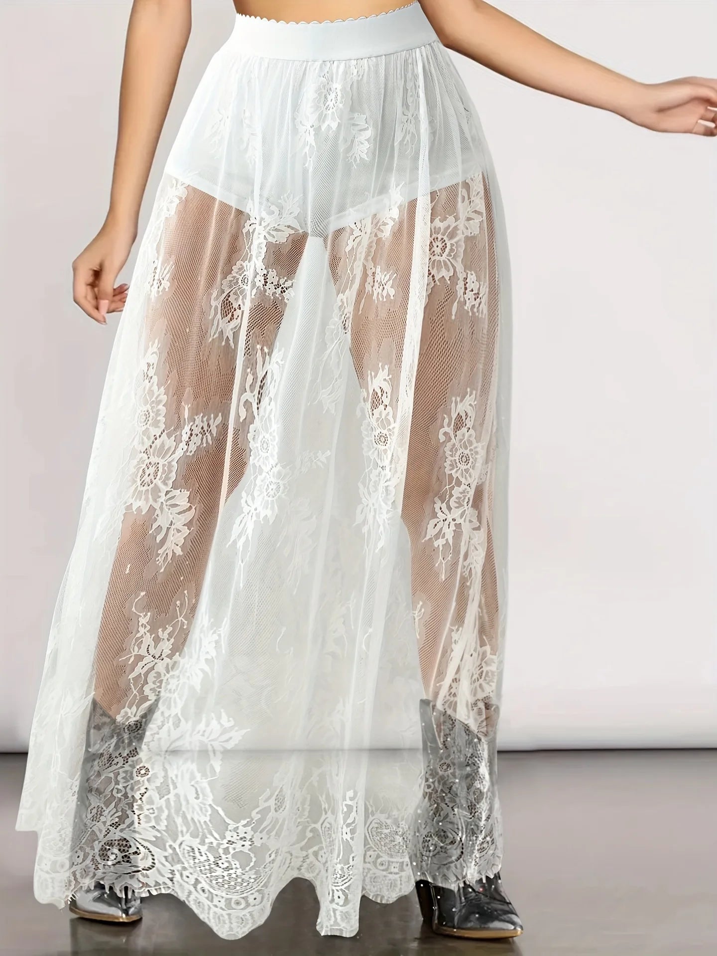 Sexy Solid Color See Through Lace Patchwork Skirt Women Fashion Trendy Chic Y2k Style Skirts Summer Streetwear Female Clothing
