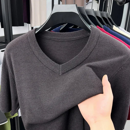 Mens V Neck Short Sleeve Wool Knit Pullover Soft Thin Knitwear For Business Office Daily Casual Spring Summer Basic Tops