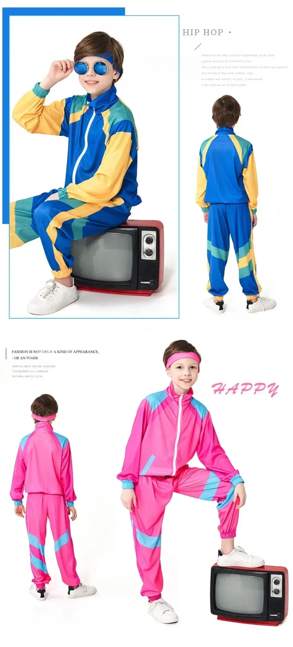 Kids Boys and Girls 80s 90s Sportswear Suit Retro Disco Hip Hop Costume Fashion Patchwork Long Sleeve Zipper Coat Trousers Suit