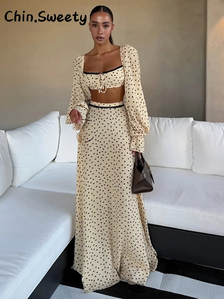 Fashion Women's Polka Dot Long Skirt Set Square Neck Lantern Sleeve Lace Crop Top High Waist A-line Skirts 2026 Summer Lady Suit