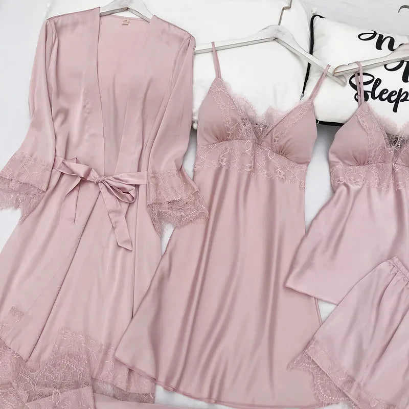 Women Pajamas Five Piece Set Spring Summer Sleepwear Nightgown Sexy Lace Bath Robe Gown Loose Silk Satin Home Wear Loungewear
