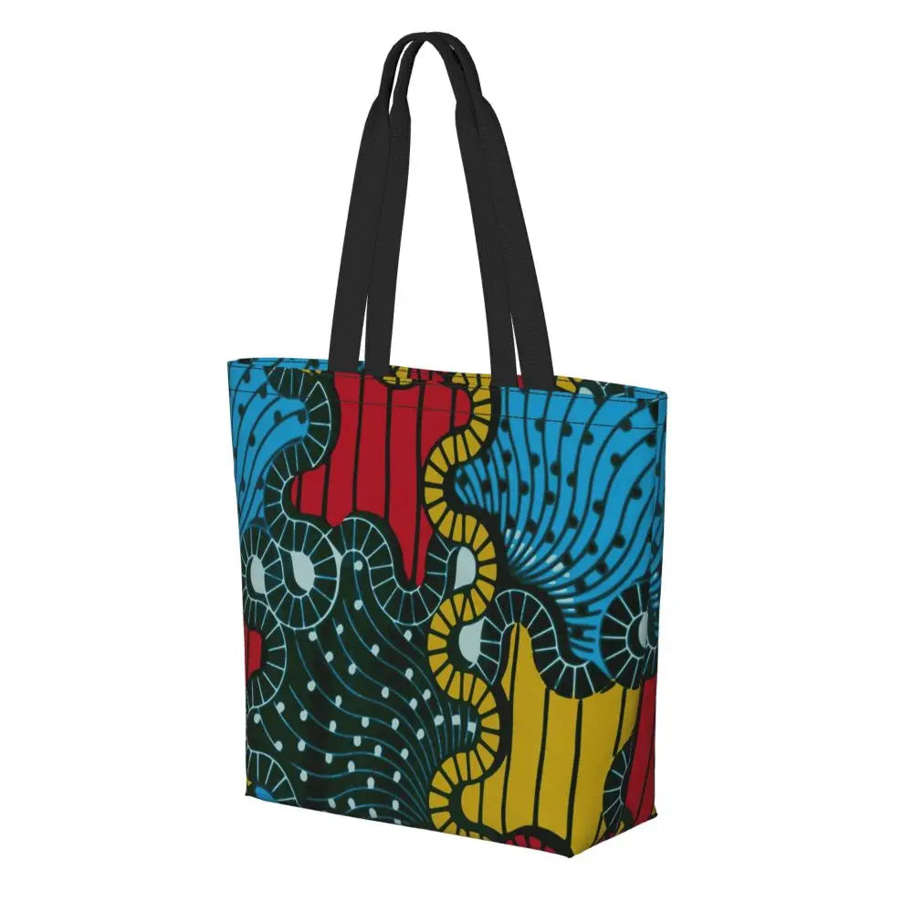 African Ankara Prints Grocery Shopping Tote Bags Women Geometric Ethnic Art Canvas Shoulder Shopper Bags Big Capacity Handbag