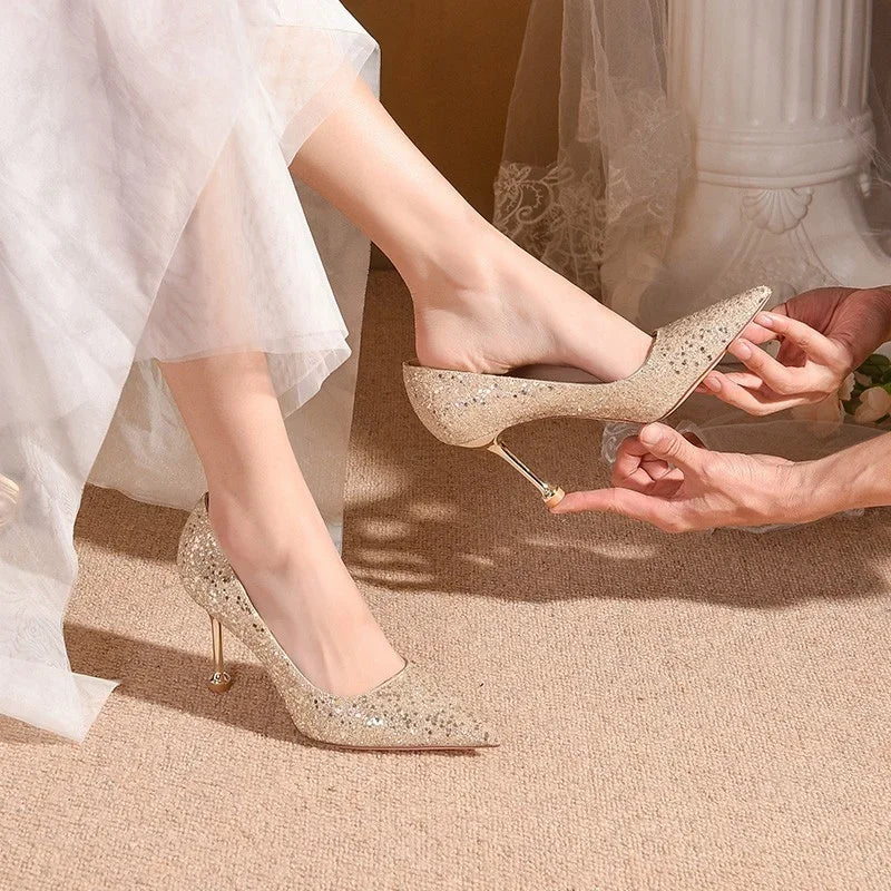2025 New Women Pumps High Heel Metal Pointed Toe Shallow Sexy Ladies Bling Bridal Wedding Women Shoes White High Heels
