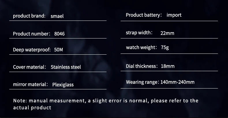 SMAEL Digital Watch LED Alarm Clock Military Watches Big Dial Digital Wristwatches 8082 Sport Watches for Men