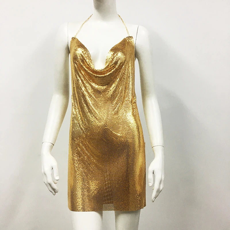 2024 Sexy Clubwear Backless Sequin Short Dress For Women Cocktail Metalic Split Mesh Harness Body Chain Club Low Cut Mini Dress