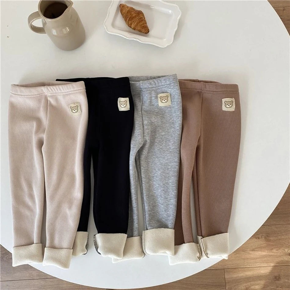 Plush Pants for Kids 1-8 Years Soft Warm Solid Color with Animal Cartoons Stretchy Comfy Winter Trousers for Boys and Girls