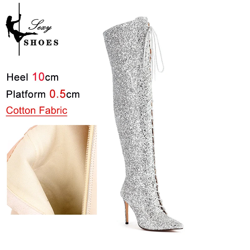 10CM Night Club Over The Knee Boots Sequins Thin High Heels Fashion Lady Pointed Long Boots Autumn Winter Party Shoes For Women
