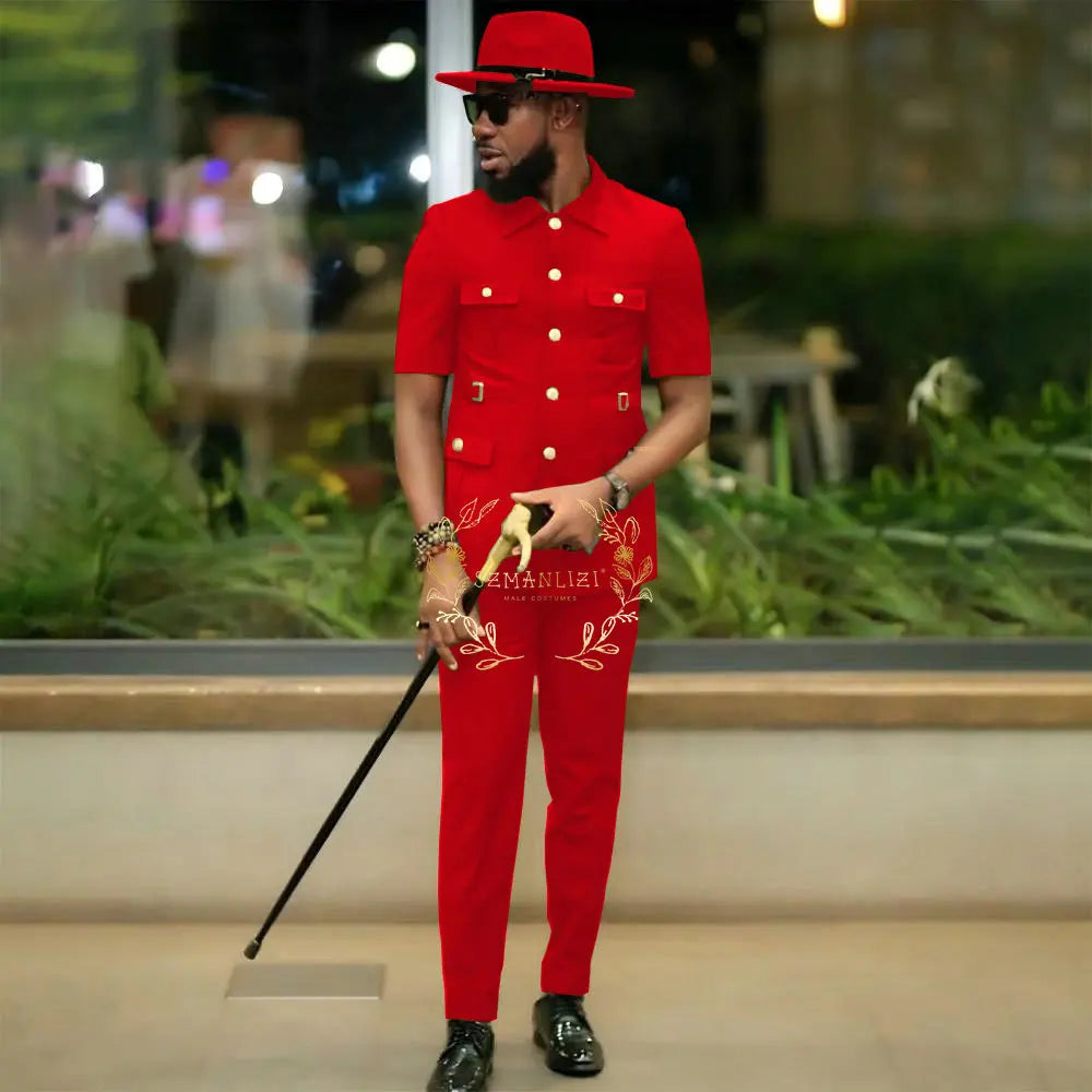 African Style Suits Men For Wedding Customized 2 Pieces Single Breasted Jacket Pants 2 Pieces Groom Tuxedos costume homme