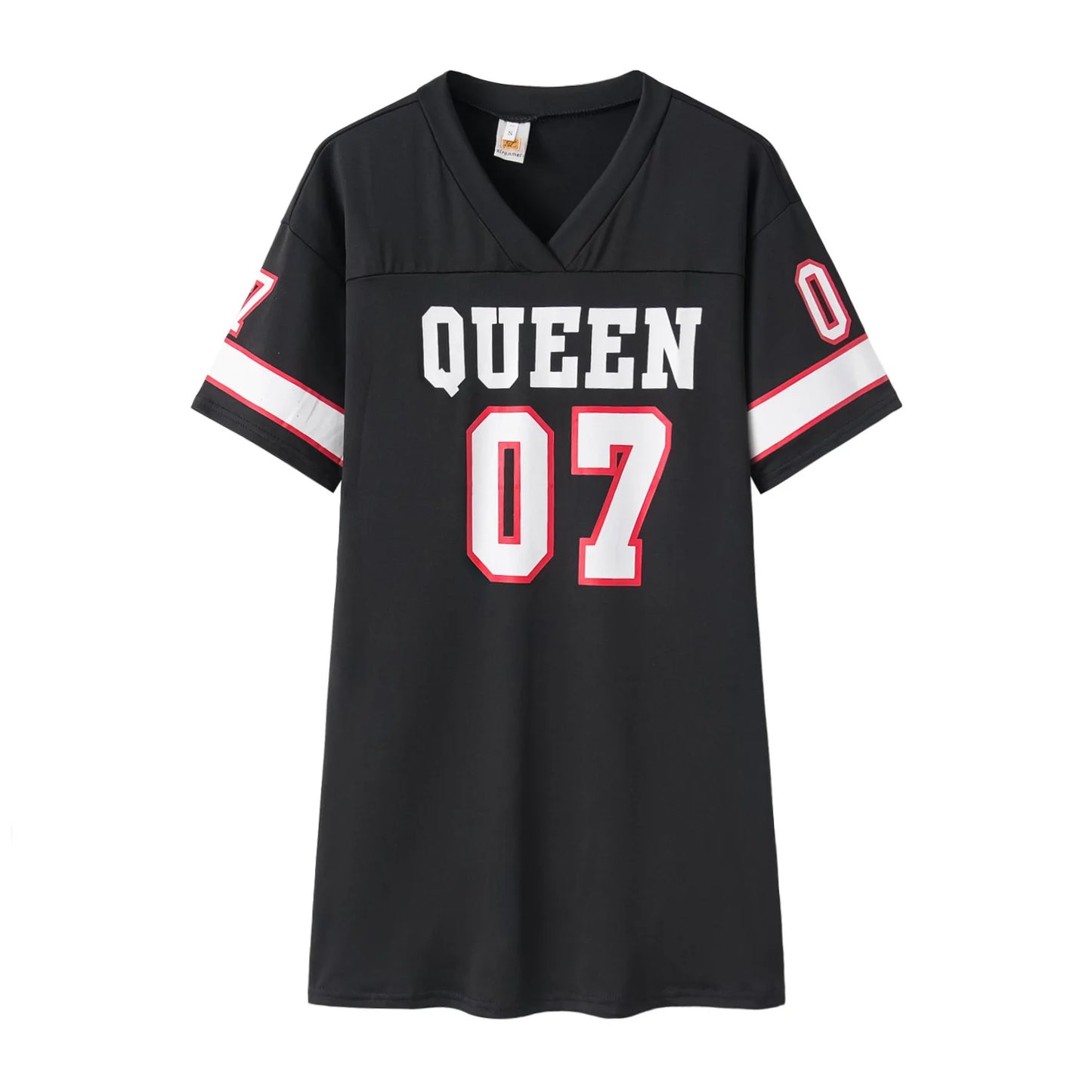 2025 New Fashion V-Neck Queen Letters Print Dress Short Sleeve Basketball Sporty Style Sexy Loose Female Clothing Streetwear