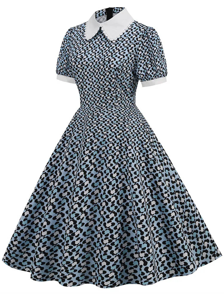 Women Vintage Dress Floral Print Peter pan Collar Elegant Party Dress Puff Short Sleeve Pin Up 50s Party Sundress 3XL