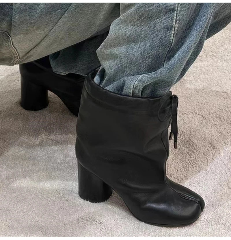 Street Style Fashion Split Toe Women Mid-calf Boots Autumn Winter Genuine Leather Tabi High heels Modern Chunky Booties Shoes