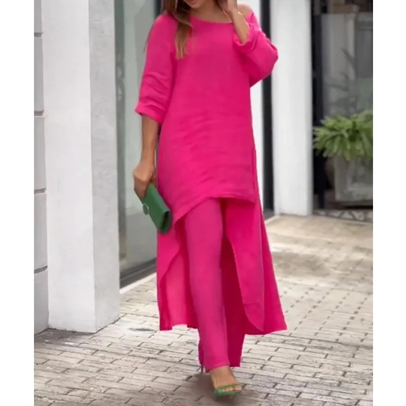 2 Piece Women Set African Clothes Women Outfits Cotton Linen Suit Long-Sleeved Top Pants Oversize Trousers Casual Party Set 2024