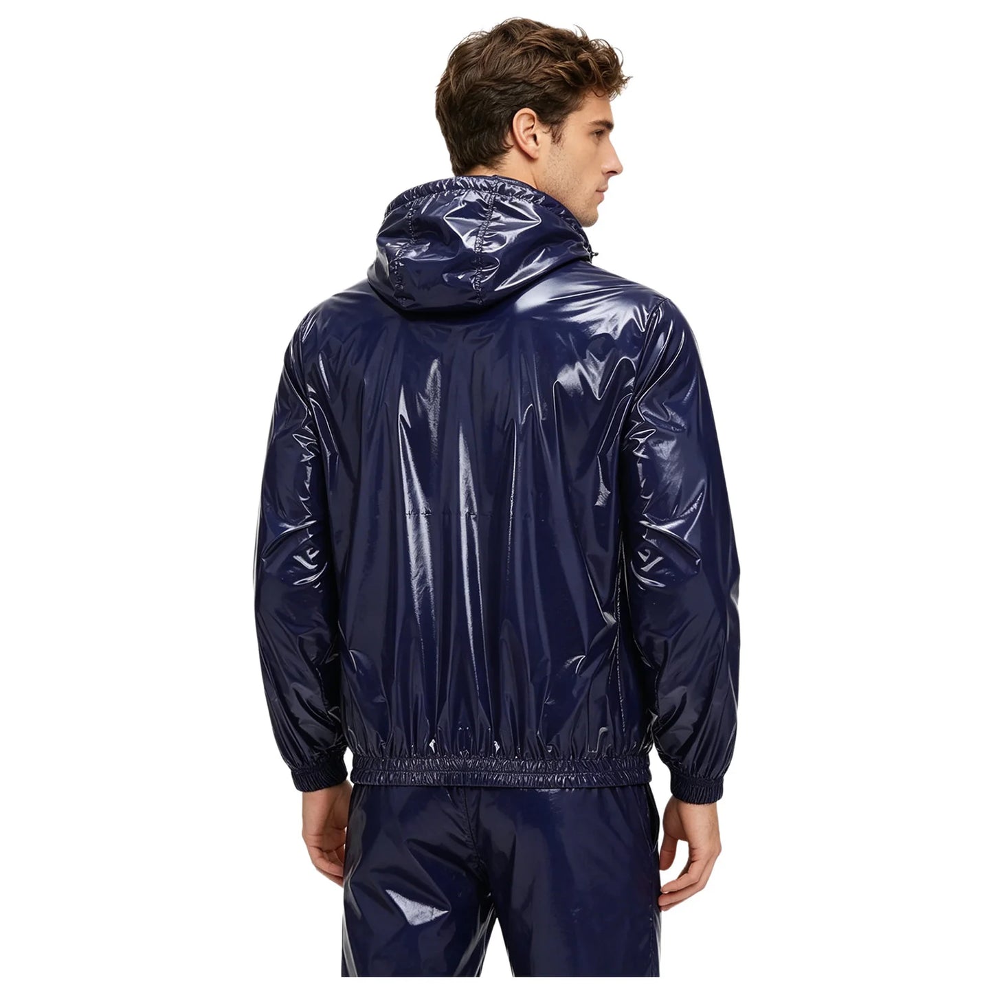 Men Shiny Glossy Hooded Jacket Windbreaker Raincoat for Hiking Fishing Biking Long Sleeve Front Zip-up Drawstring Hood Outerwear