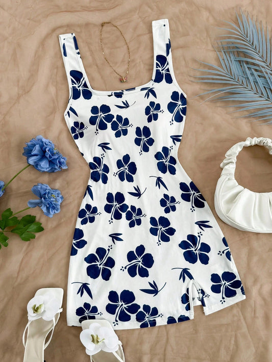 Women's Sexy Vacation Style U-Neck Flower Print Open Back Side Slit Mini Dress for Spring/Summer