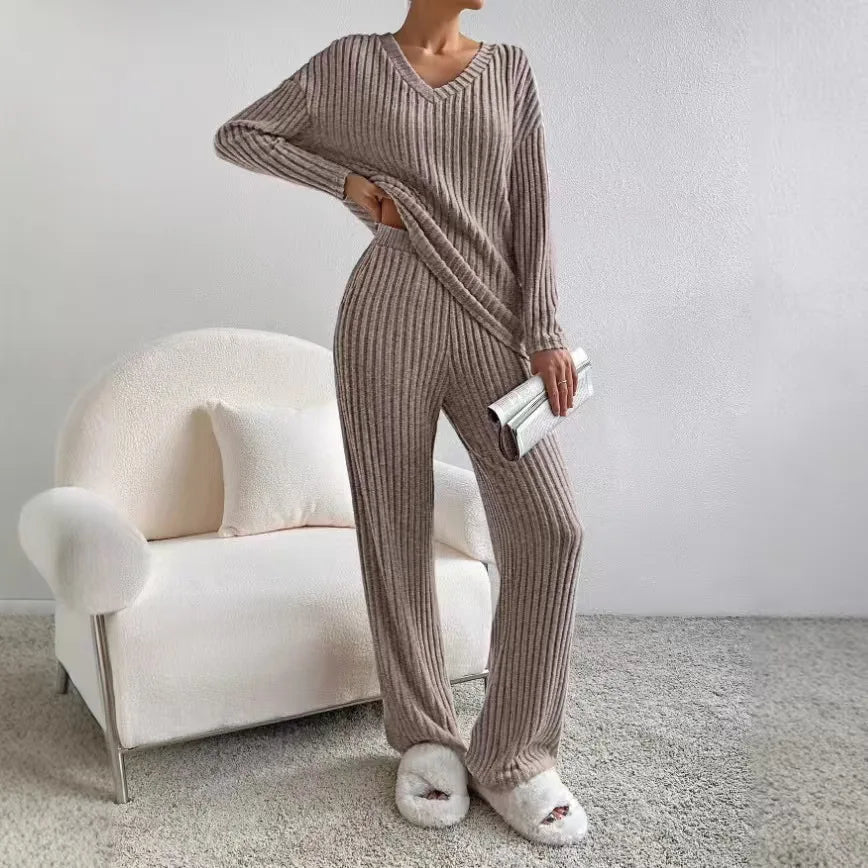 Fashionable Knitted Two-Piece Set Casual V-Neck Long Pants Autumn Winter New Style Loose Fit Korean Style Comfortable Polyester