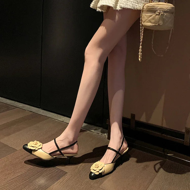 NEW Summer Women Sandals Split Leather Shoes for Women Round Toe High Heel Modern Sandals Flower Slingback Mixed Colors Shoes