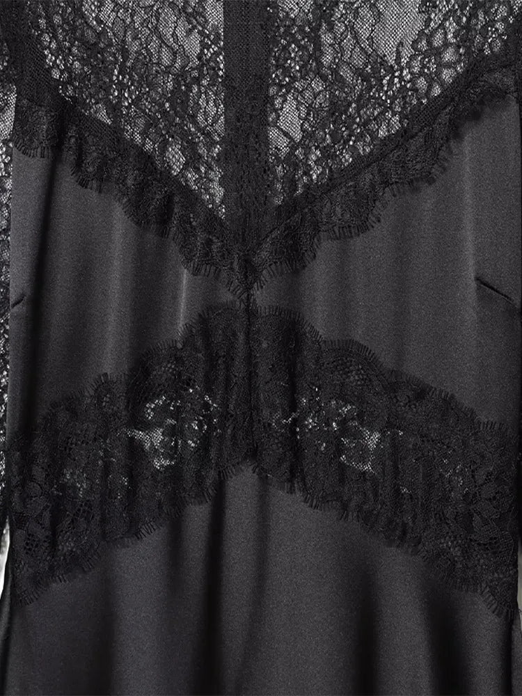 Lace Patchwork Long Evening Dress With Sheer Sleeves For Women Clubwear