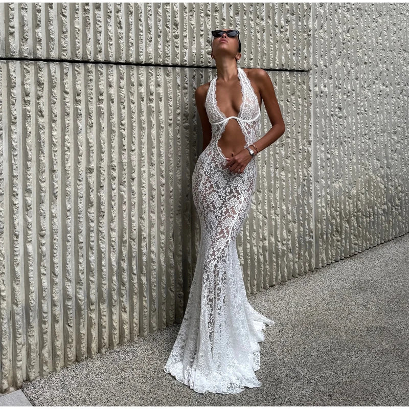Solid Lace Halter Maxi Dress Sexy Cutout Waist Sheer Slim Fit Fishtail Long Gowns Women's Summer Evening Party Robes 2026 New