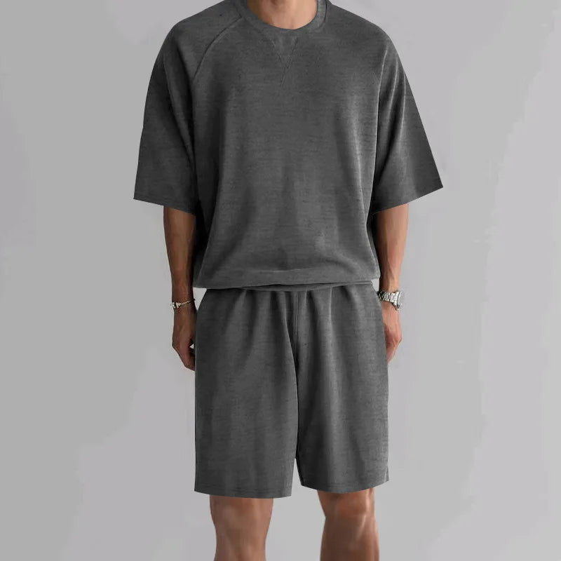 New 2026 Summer Men's Two Piece Sets Casual Loose Short Sleeve O Neck Tees and Shorts Tracksuits Men Stylish Solid Color Suits