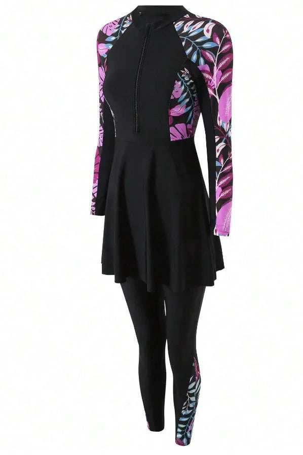 Burkini Femmes Swimwear Long Sleeve Black Tunic Swimsuit Full Leggings Front Zipper Swimming Suit Sun Protection Two Piece