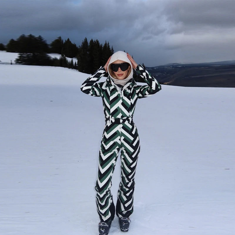 Bold Black And White Striped Green Ski Suit Long Sleeved Hooded Zipper Thick Jackets Warm Pant 2026 New Woman Outdoor Sportswear