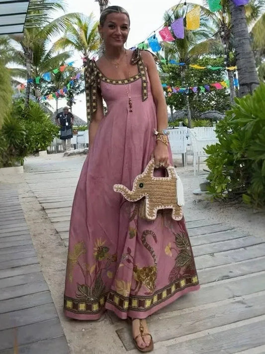 Printed Linen Long Skirt with Pocket Strapless mid Waist H Version Lightweight Summer Dress for Women Thin Fabric No Sleeve