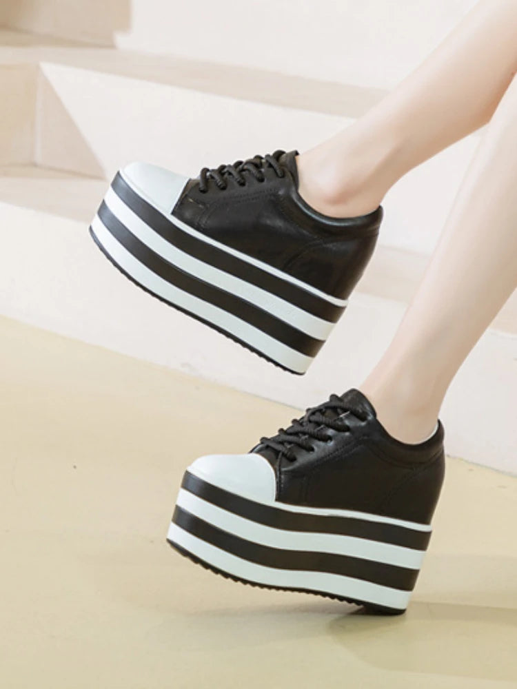Fujin 12cm Genuine Leather Synthetic Women Autumn Spring Platform Wedge Women Fashion Sneakers Chunky Shoes Vulcanize Skateboard