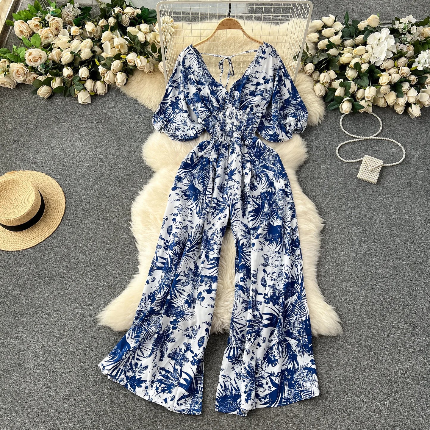 V Neck Sexy Dolman Sleeves Waist Slim Floral Print Jumpsuit Women Wide Leg Trousers Jumpsuit