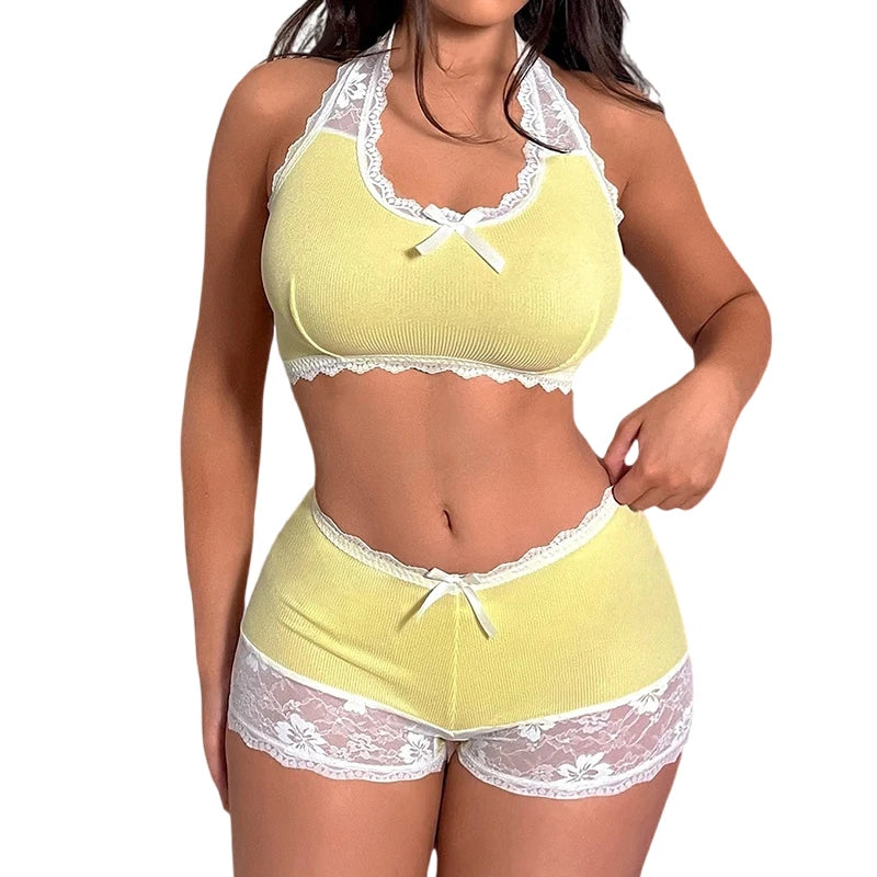 2pcs Underwear Set 2026 Women's Sexy Lace Camisole Vest Shorts Sleepwear Women's Fit Two-piece Home Outfit Sexy Lingerie Sets