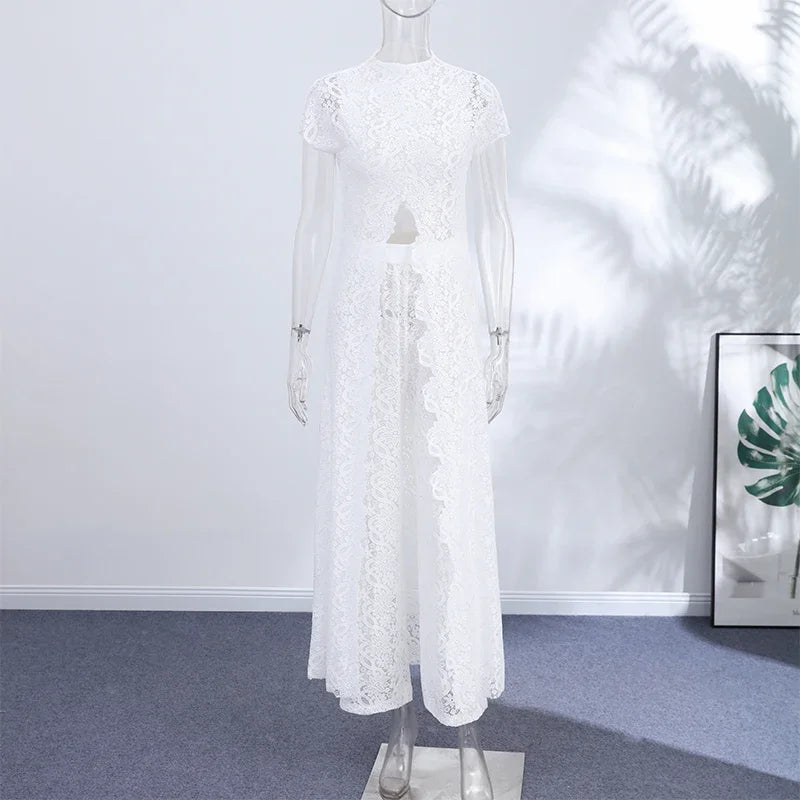 See Through Lace Vest Pant Set Women Beach Sling  Tops Pleated Straight Pants 2026 Summer Vacation Hollow Out Lady Suits